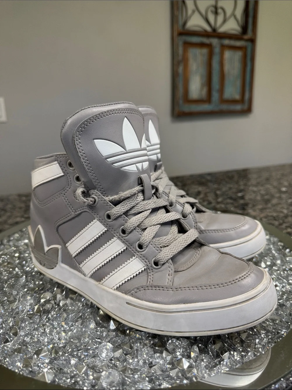 adidas Gray and White high Top Sneakers with Trefoil Logo EUC